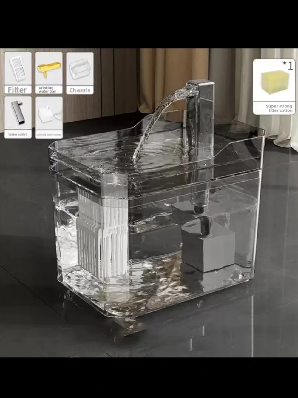Silent Acrylic NIB Pet Fountain Water Dispenser - Transparent Grey