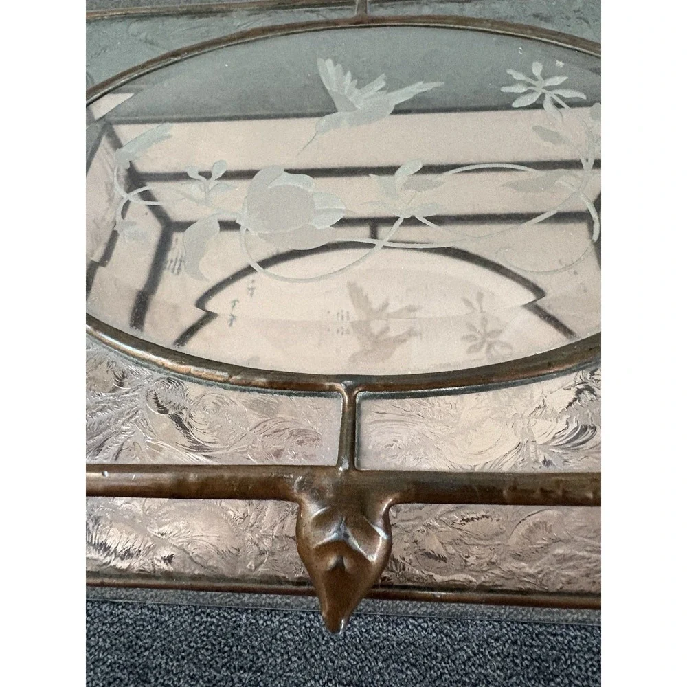 Vtg Etched Glass, Brass, Mirror Jewelry Box Footed w Flowers & Hummingbirds