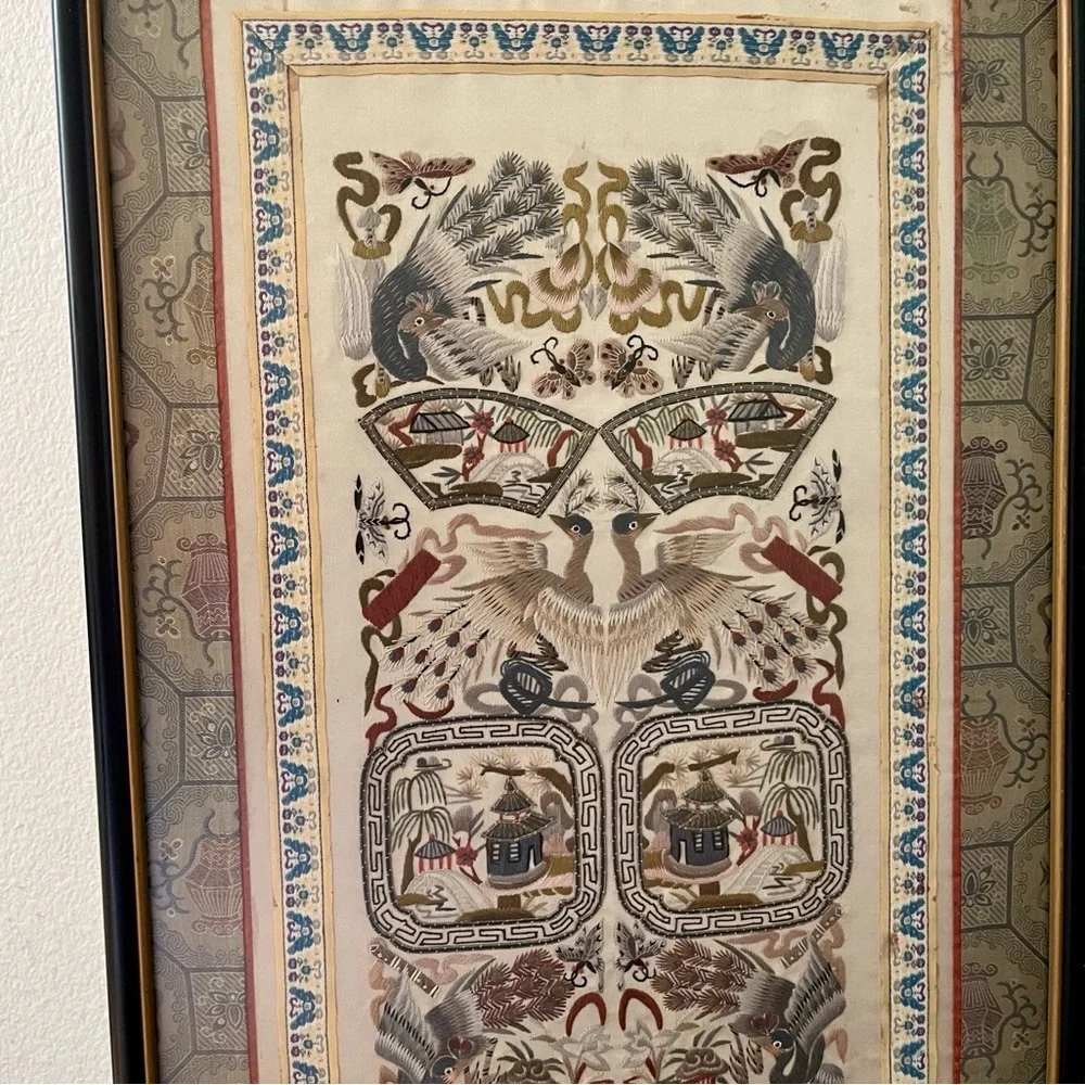 Vintage Chinese Silk Embroidery Panel 26x13
