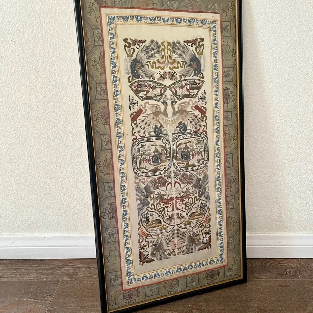 Vintage Chinese Silk Embroidery Panel 26x13