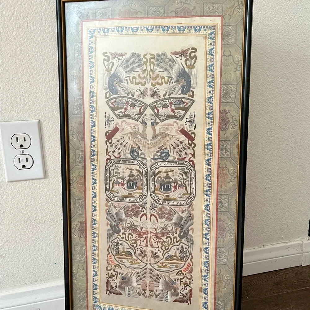 Vintage Chinese Silk Embroidery Panel 26x13