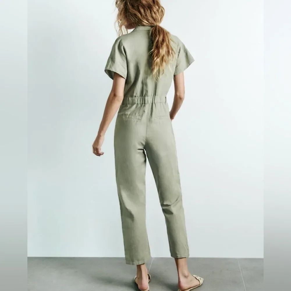 Zara Linen Blend Jumpsuit Rustic New
