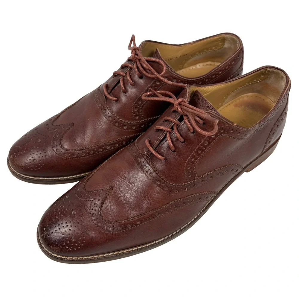 Cole Haan Wingtip Oxford 9.5M Brown Leather Brogue Grand.OS Dress Shoes Business