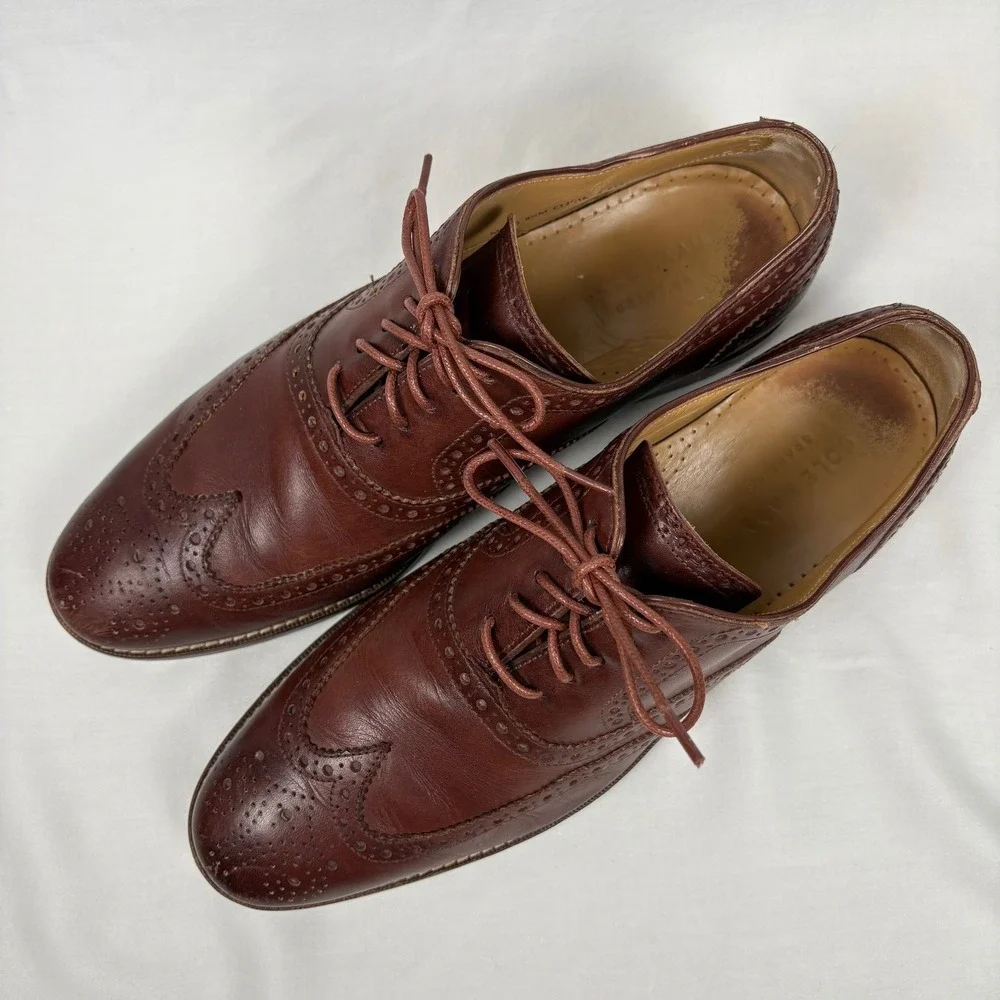 Cole Haan Wingtip Oxford 9.5M Brown Leather Brogue Grand.OS Dress Shoes Business