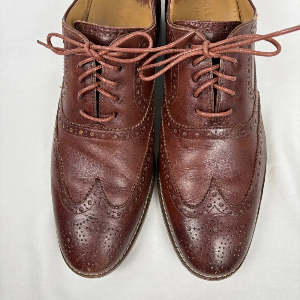 Cole Haan Wingtip Oxford 9.5M Brown Leather Brogue Grand.OS Dress Shoes Business
