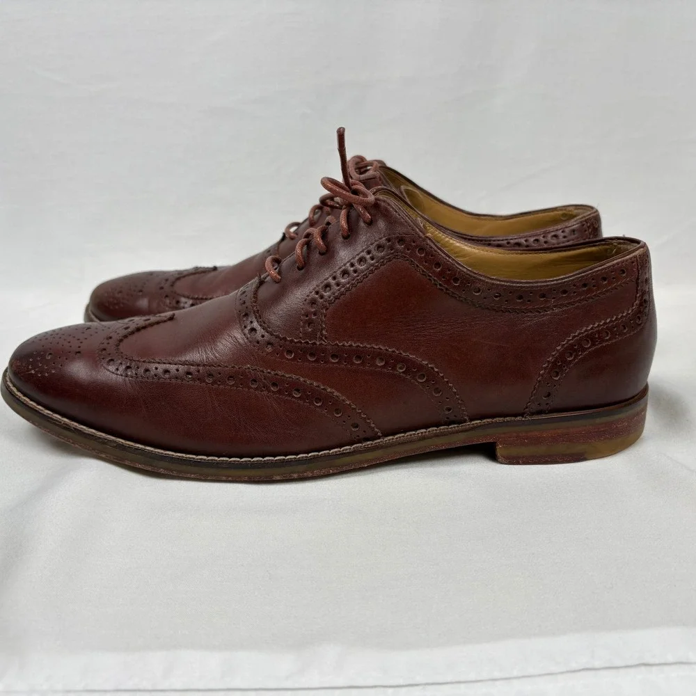 Cole Haan Wingtip Oxford 9.5M Brown Leather Brogue Grand.OS Dress Shoes Business