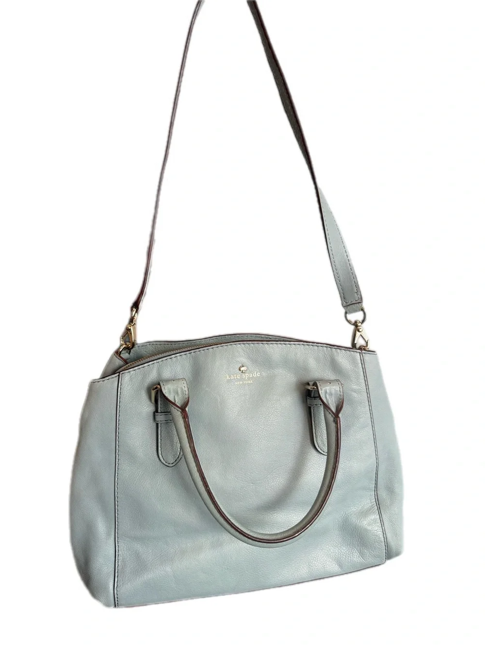 kate spade light blue leather satchel with gold toned hardware