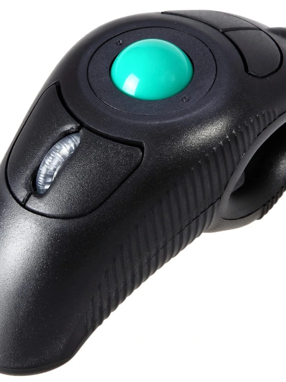 Ergonomic Black Handheld Trackball Mouse with Teal Ball