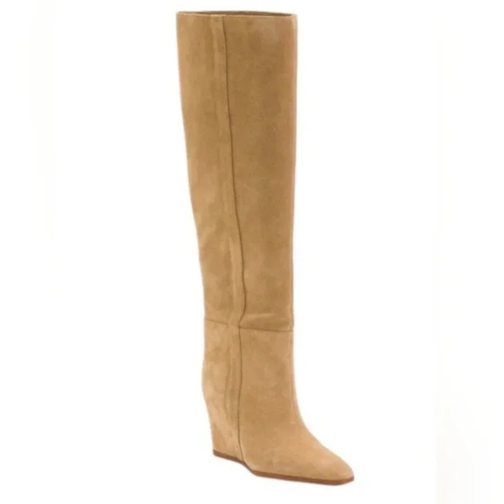 Vince Camuto Tiasie Over‎ Knee Boots Tan Suede Wedge Wmn 5.5 Pointed Toe Euro