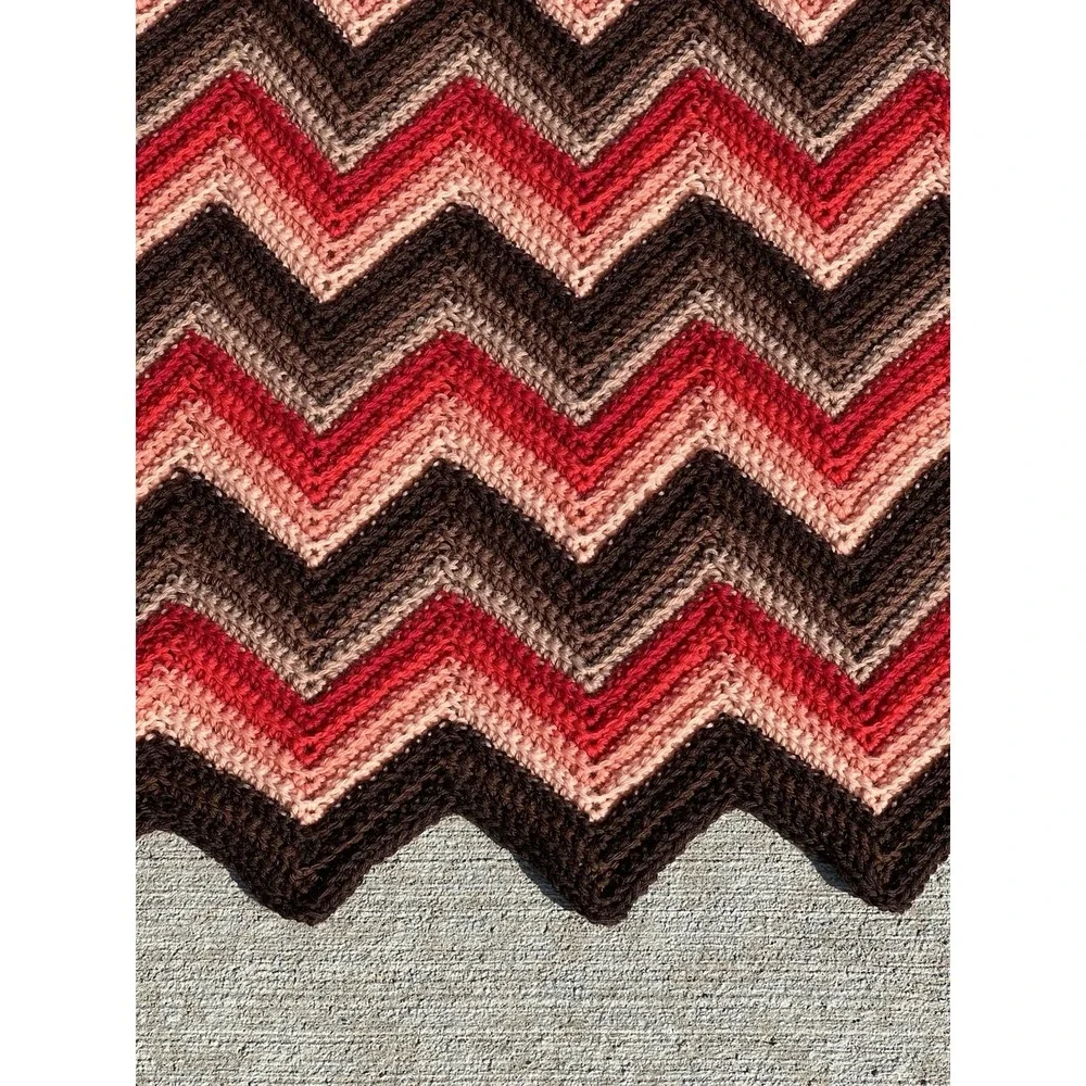 Vtg Afghan Lap Crochet Grandma Chevron Zig Zag Red Pink Brown Handmade‎ Blanket