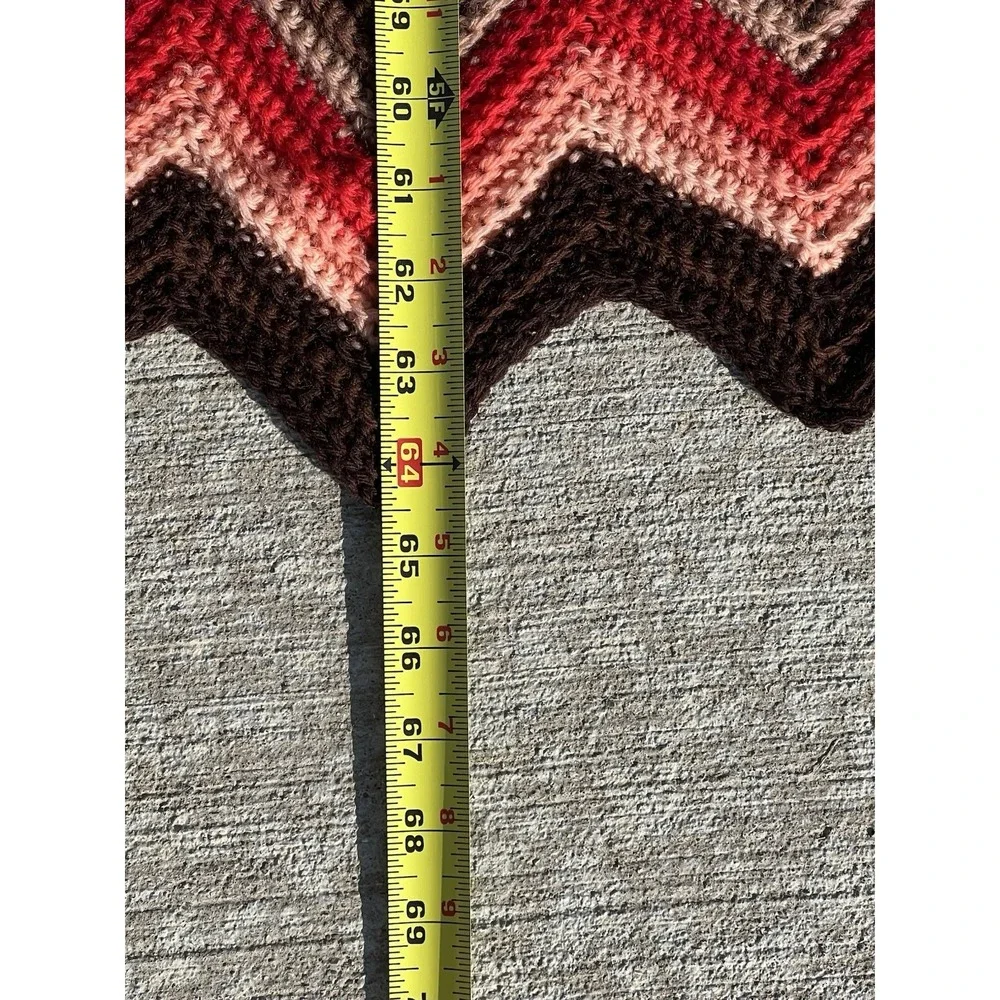 Vtg Afghan Lap Crochet Grandma Chevron Zig Zag Red Pink Brown Handmade‎ Blanket