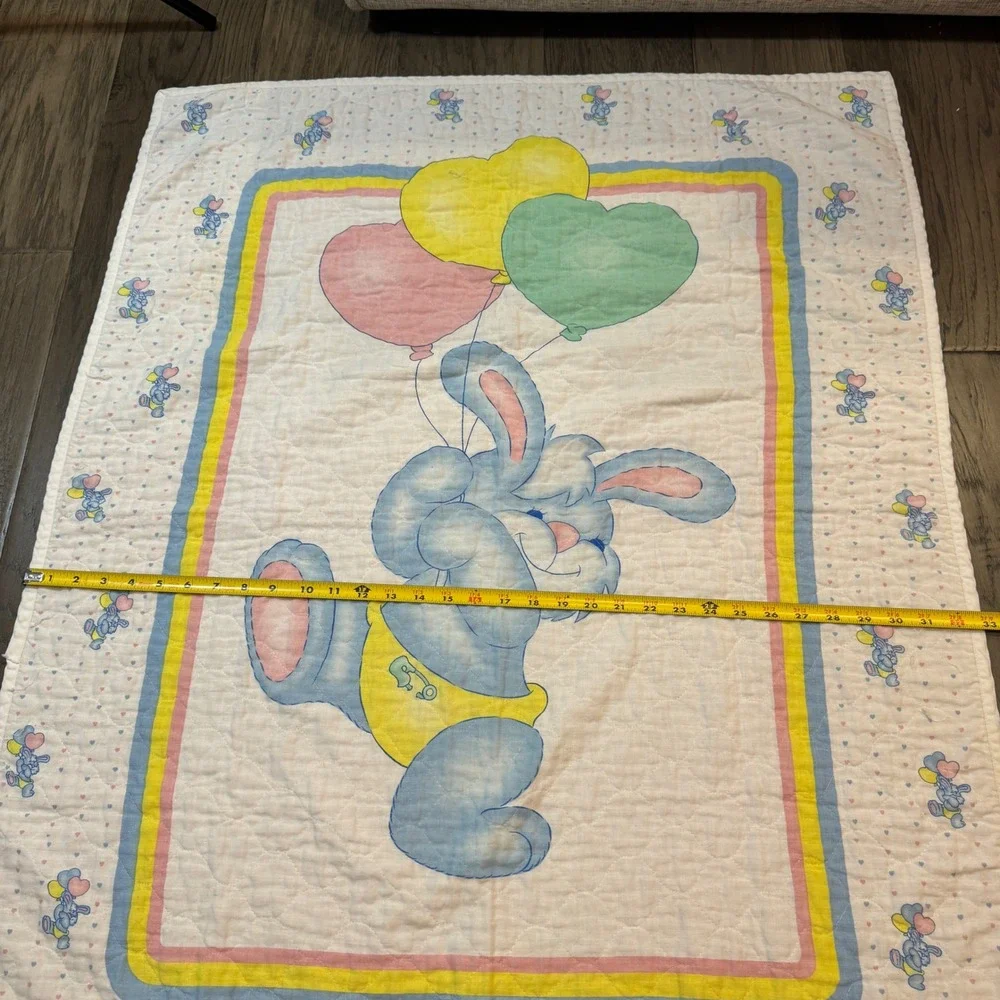 Vintage 80s Bunny Rabbit Balloons Baby Quilt Pastel Colors Nursery Decor Blanket