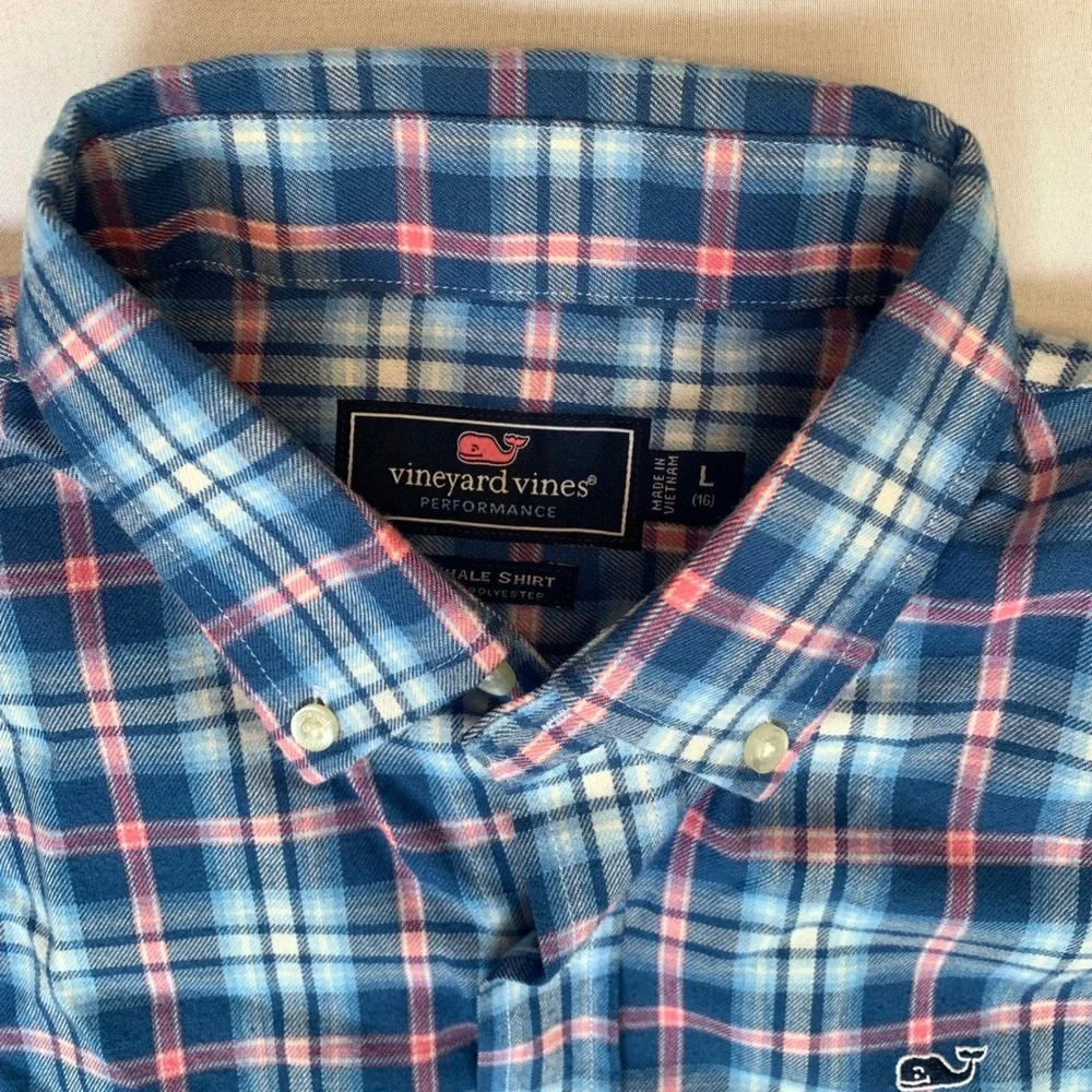 Vineyard Vines Performance Whale Shirt Boys Large 16 Blue Pink Plaid Button Down