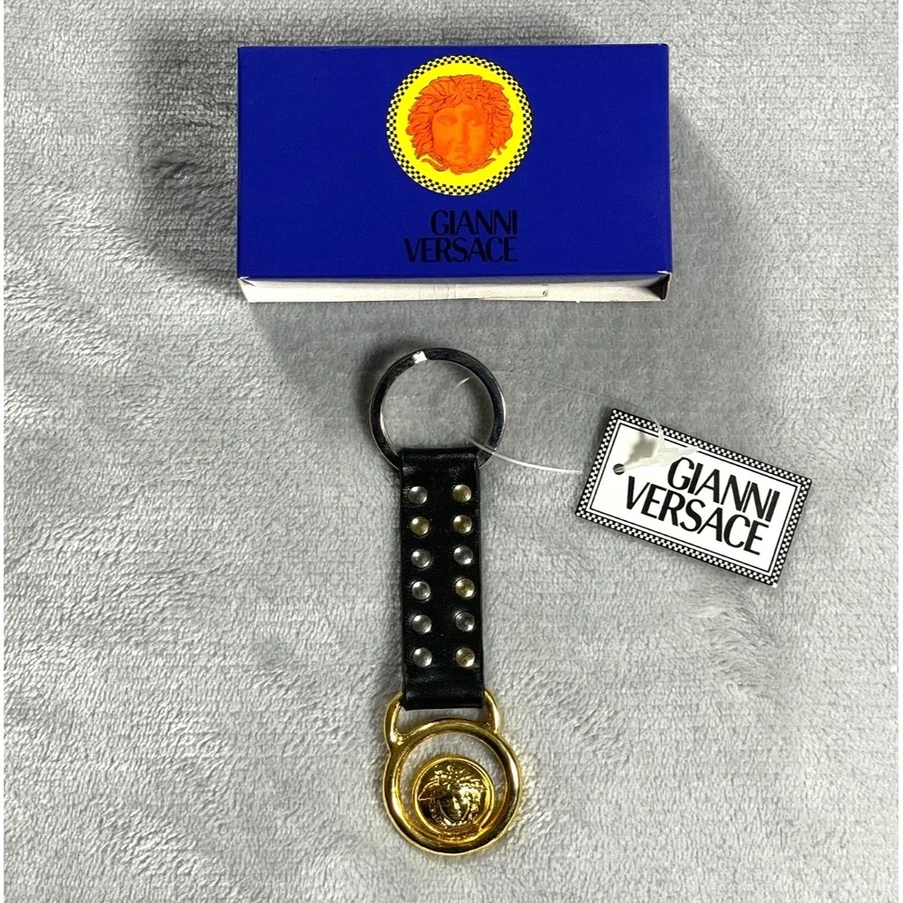 Vintage Gianni Versace Medusa Keychain Black Gold Leather Studded With Box Tag