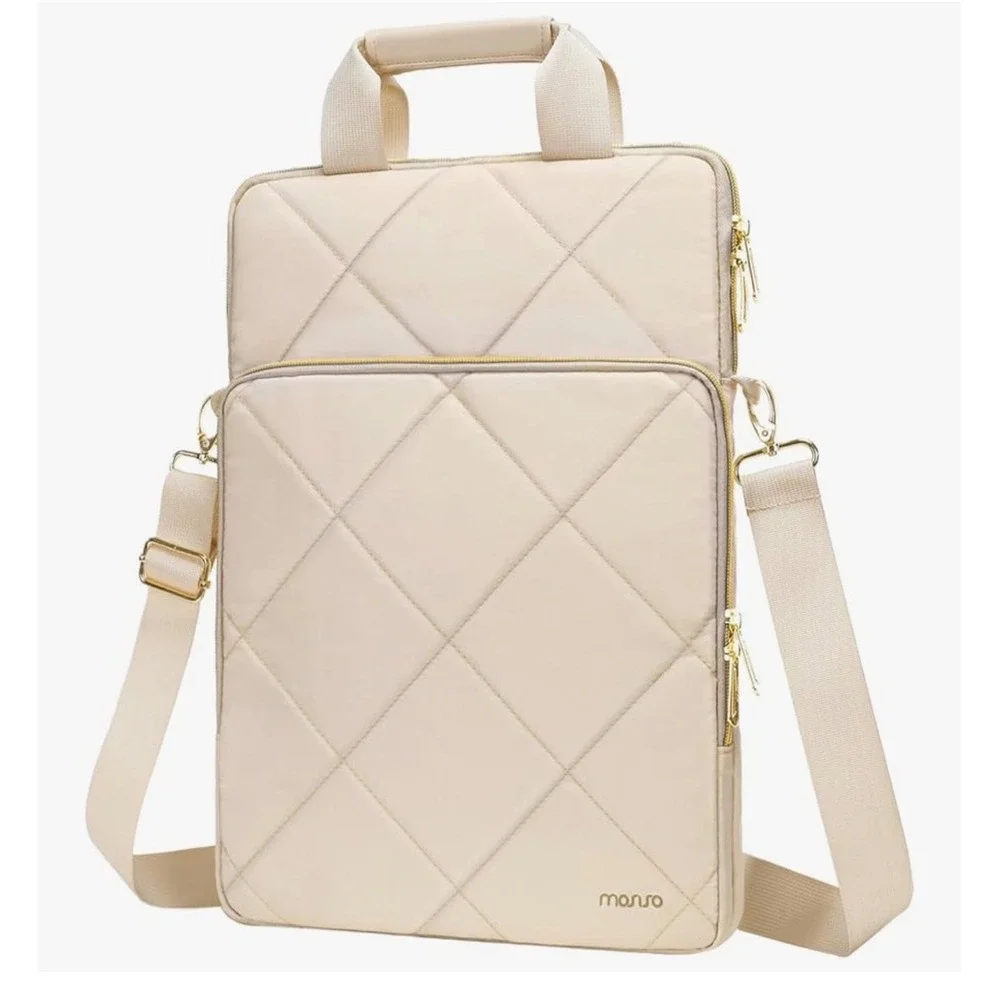 Mosiso Vertical‎ Quilted Laptop Shoulder Bag Cream Padded Travel Messenger Case