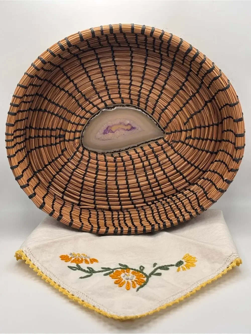Handmade Pine Needle Basket Featuring a Polished Purple Agate Stone Center Base