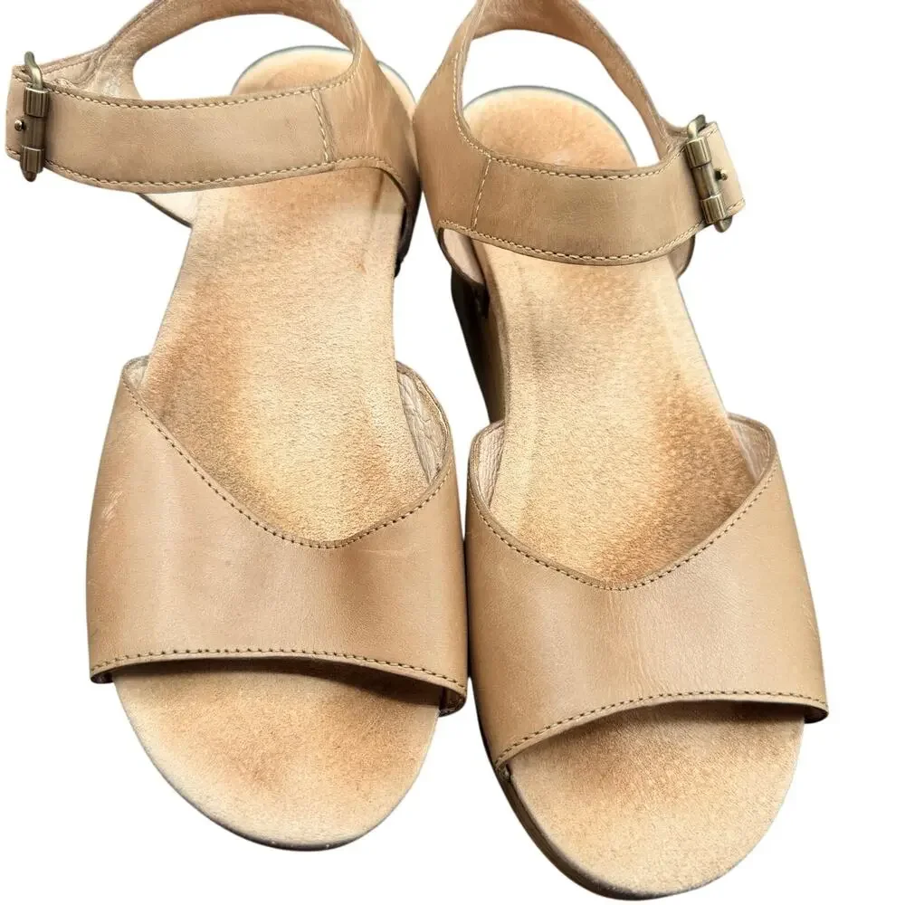 Dansko Leather Wedge Sandals Tan Camel Ankle Strap EU 37 US 6.5-7