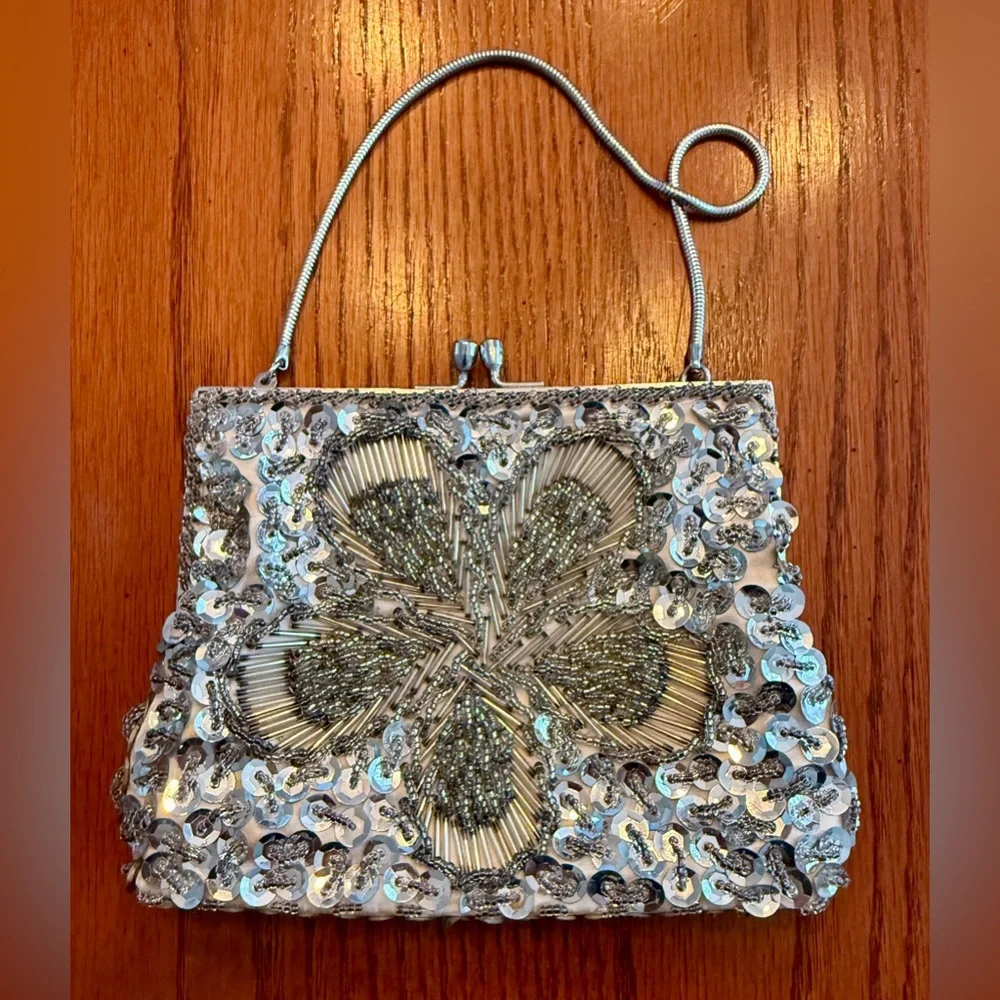 Evening Bag‎ Women Silver Beaded Sequin Floral Vintage Glam Regencycore Wedding