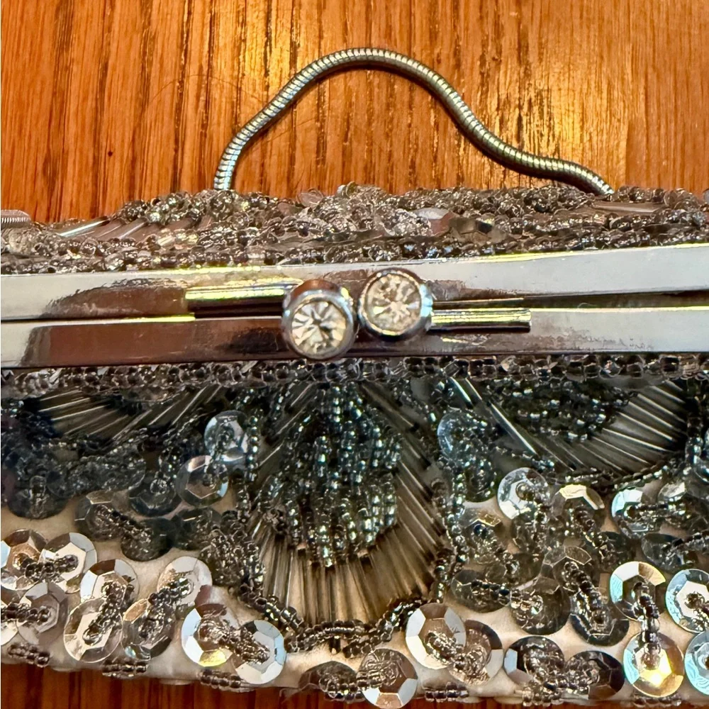 Evening Bag‎ Women Silver Beaded Sequin Floral Vintage Glam Regencycore Wedding