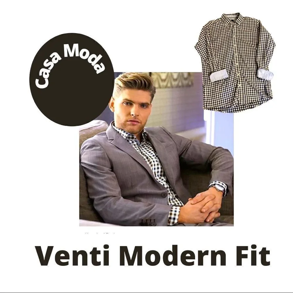 💼Like New Mens Button Down Casa Moda Venti Modern Fit Black and White Checked