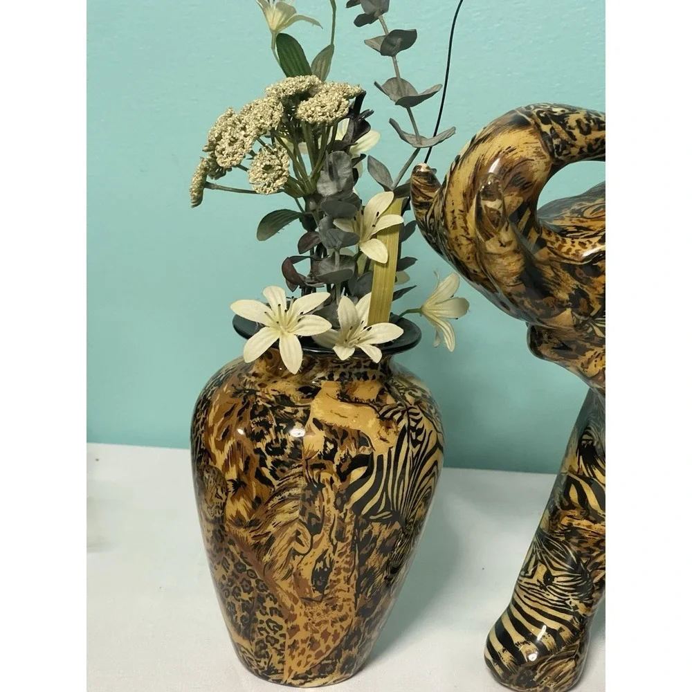 VTG La‎ Vie 3 Piece Elephant, Vase, Tissue HolderSafari Patchwork Glazed Ceramic