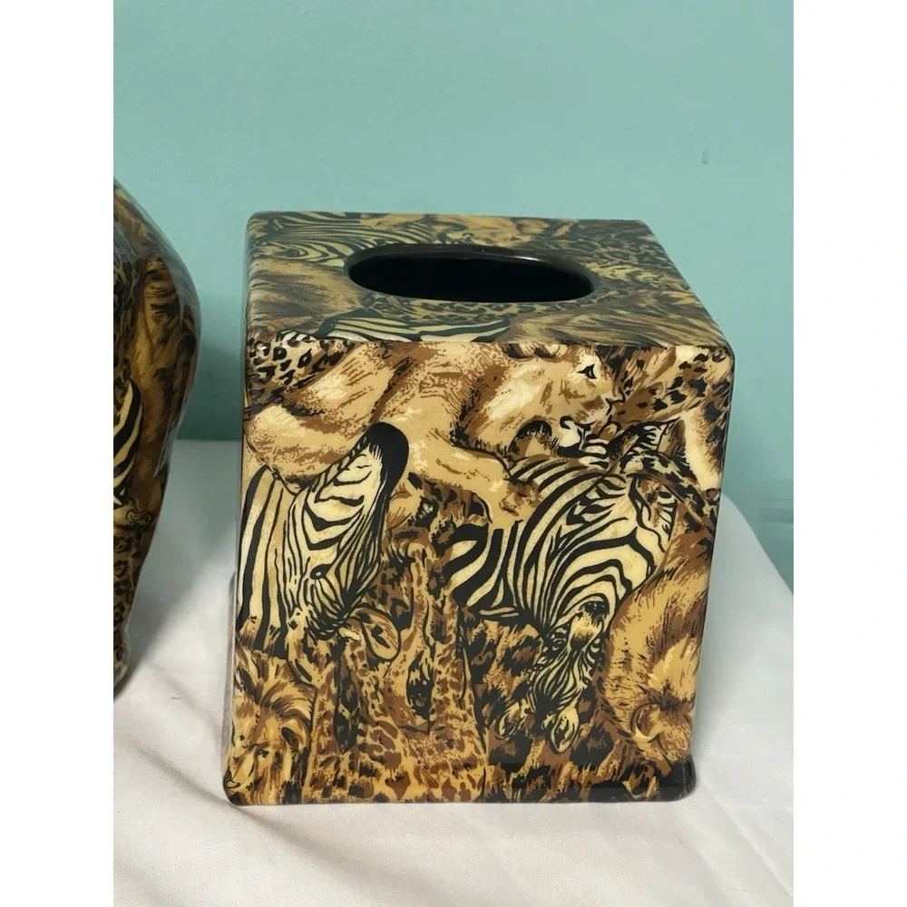 VTG La‎ Vie 3 Piece Elephant, Vase, Tissue HolderSafari Patchwork Glazed Ceramic