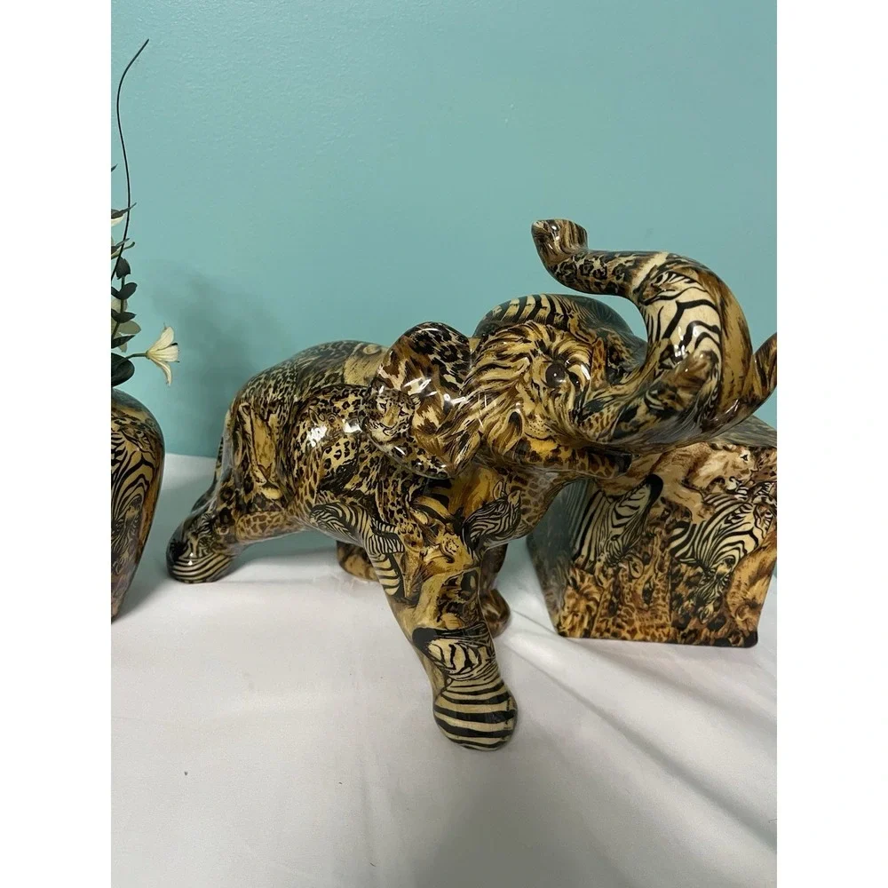 VTG La‎ Vie 3 Piece Elephant, Vase, Tissue HolderSafari Patchwork Glazed Ceramic