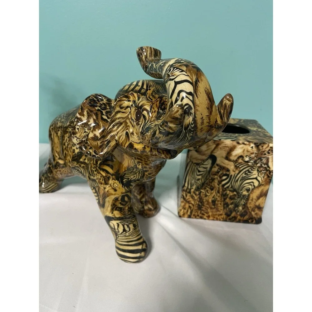VTG La‎ Vie 3 Piece Elephant, Vase, Tissue HolderSafari Patchwork Glazed Ceramic