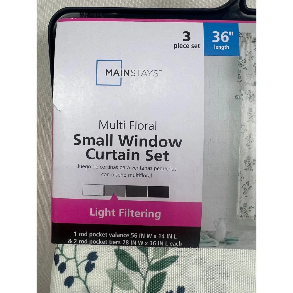 Mainstays Multi Floral 3pc Small Window Curtain Set with 2 Adjustable Rods White