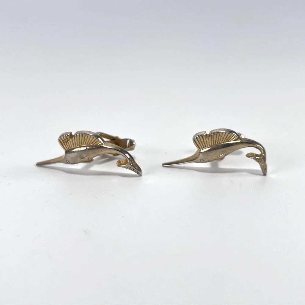 SWANK Cufflinks Gold Tone Metal‎ Marlin Fish Swordfish Sport Fishing Vintage