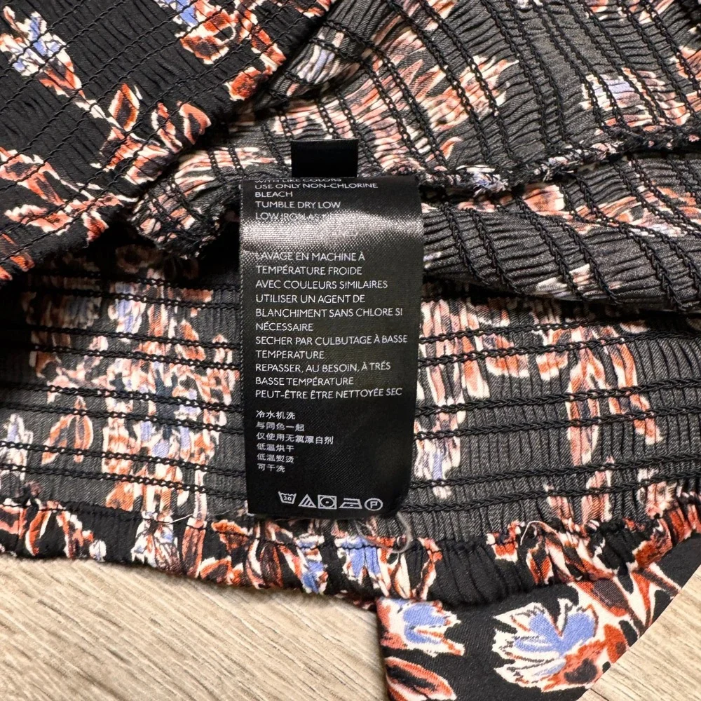 Free People Santiago Print‎ Black Floral Smocked Cropped Peasant Blouse Large L