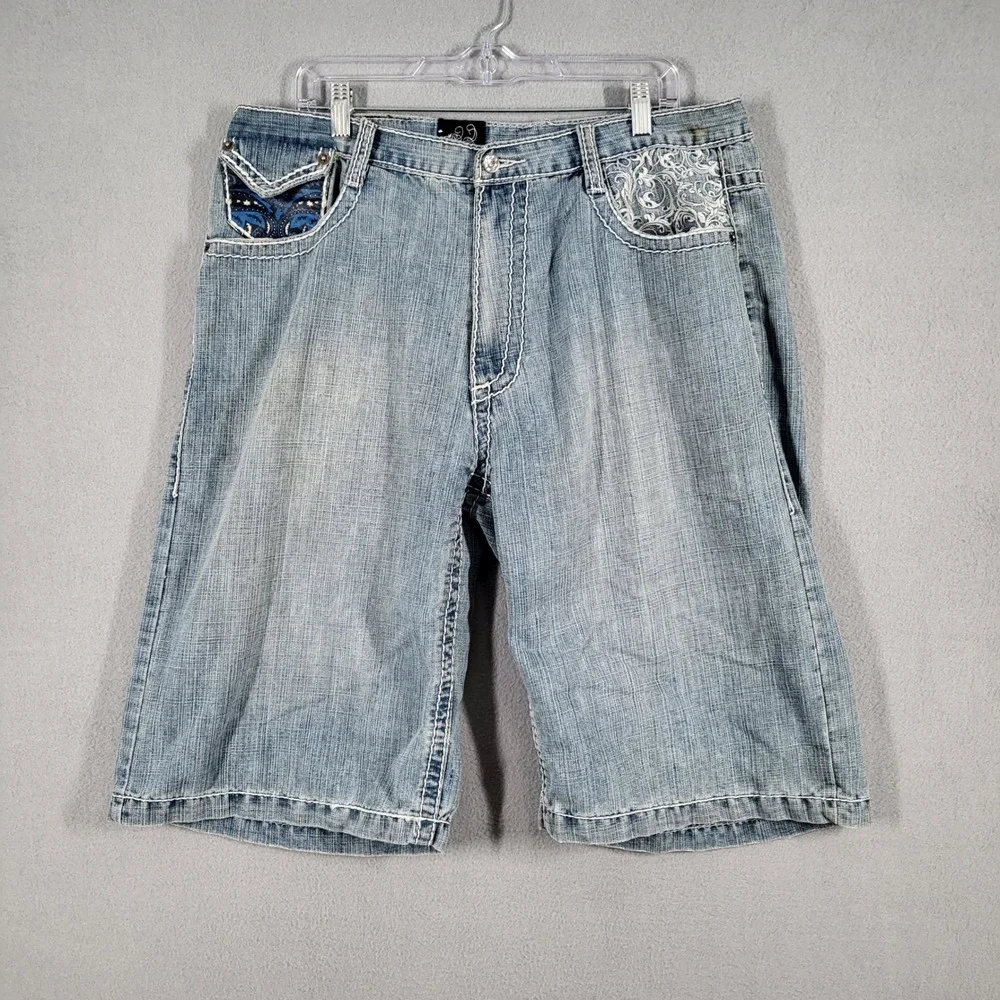 Delf Shorts Men's 38 Blue Denim‎ Cargo Embellished Pockets Casual Baggy Y2K