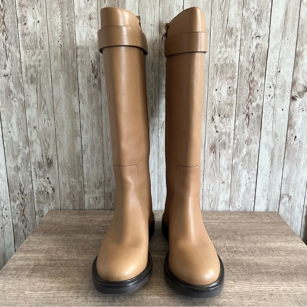 Tory Burch Double T Utility Leather Tall Boots NWOB Preppy 7.5
