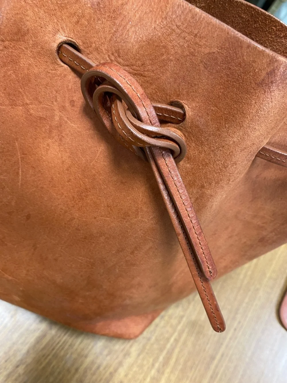 Mansur Gavriel Leather Drawstring Bucket Bag in Cognac Brown