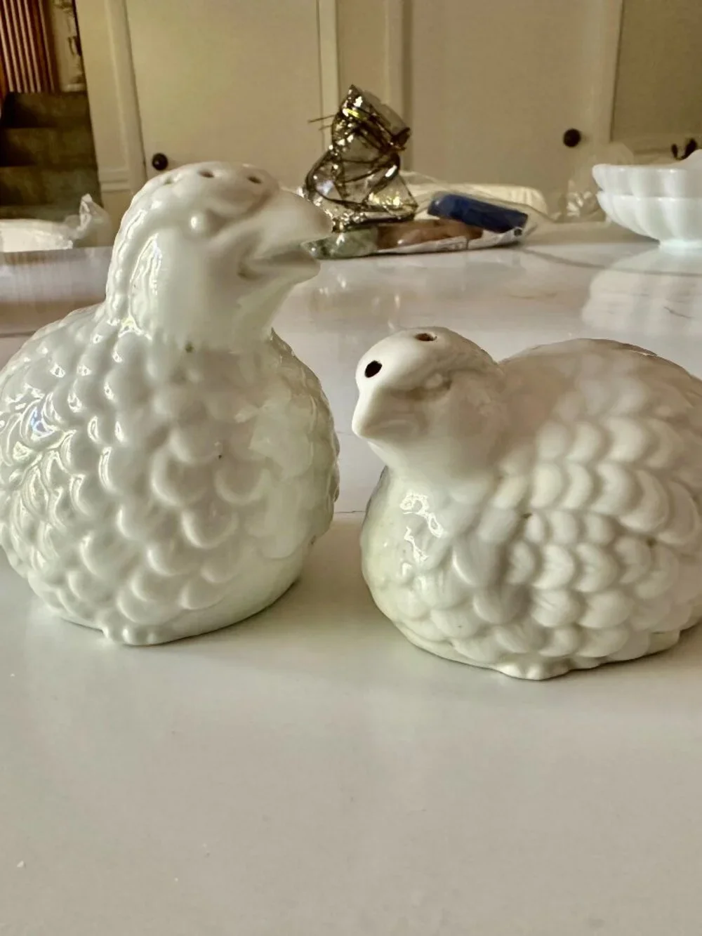 Vintage  Milk Glass Quail Salt & Pepper Shakers Set White Glass Birds Farmhouse