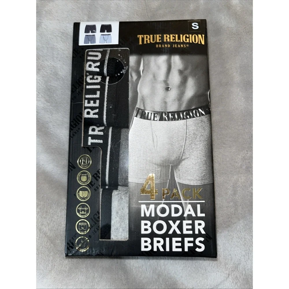 True Religion Men's Size S Black Boxer Briefs 4-Pack Stretch Underwear