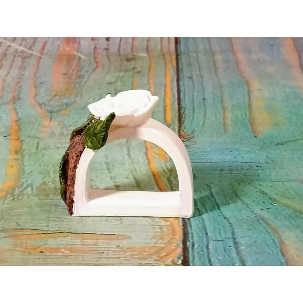 Elegant White Rose‎ Napkin Ring with Leaf Accents set of 12
