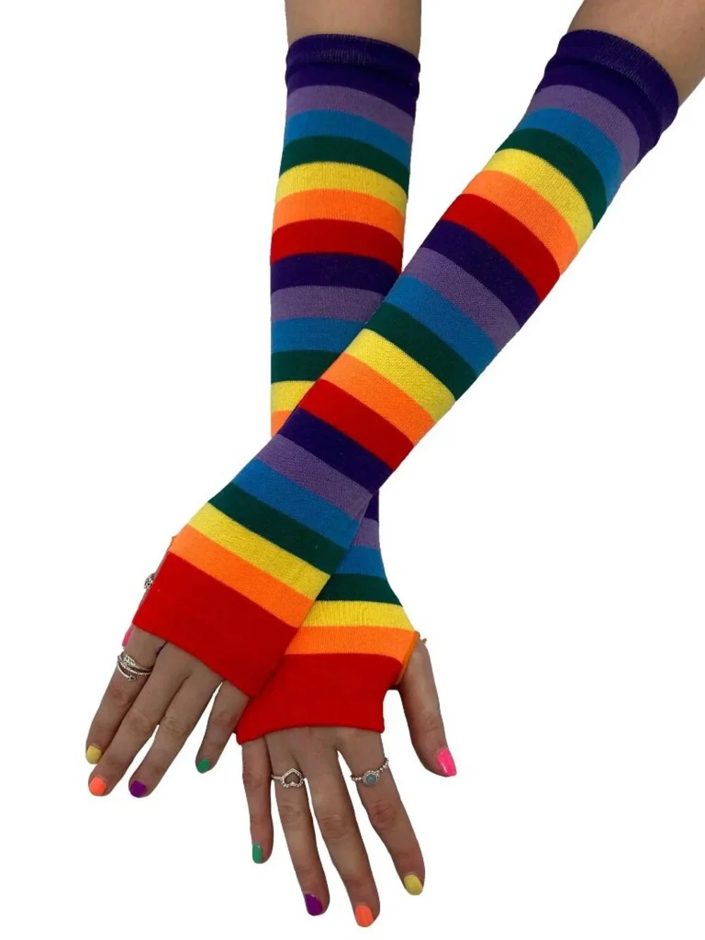 Rainbow Striped Fingerless Gloves for Women