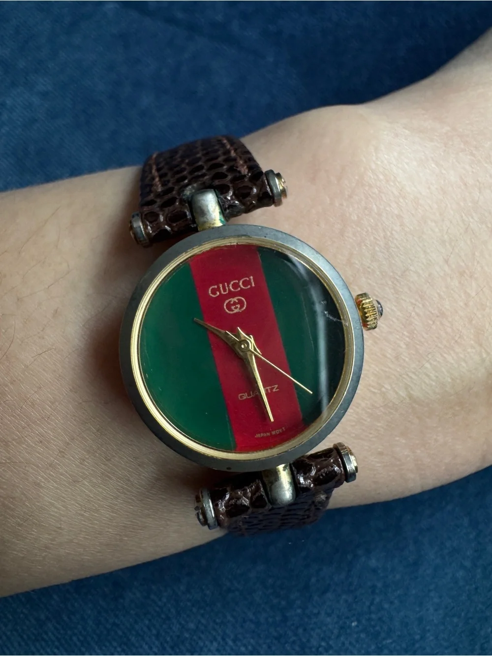 Vintage‎ Gucci 1980’s Two Toned Wristwatch Brown Lizard Strap .