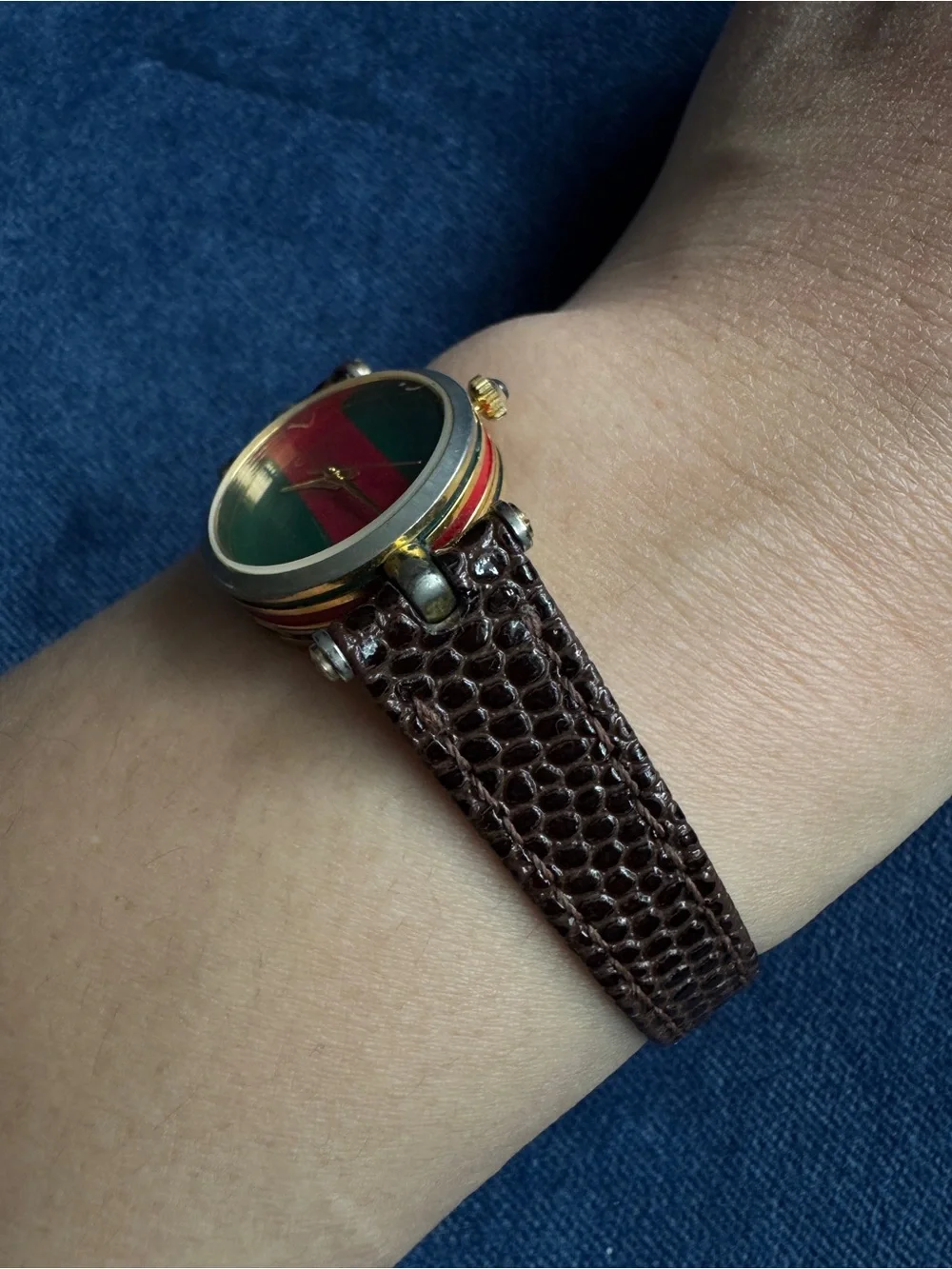 Vintage‎ Gucci 1980’s Two Toned Wristwatch Brown Lizard Strap .