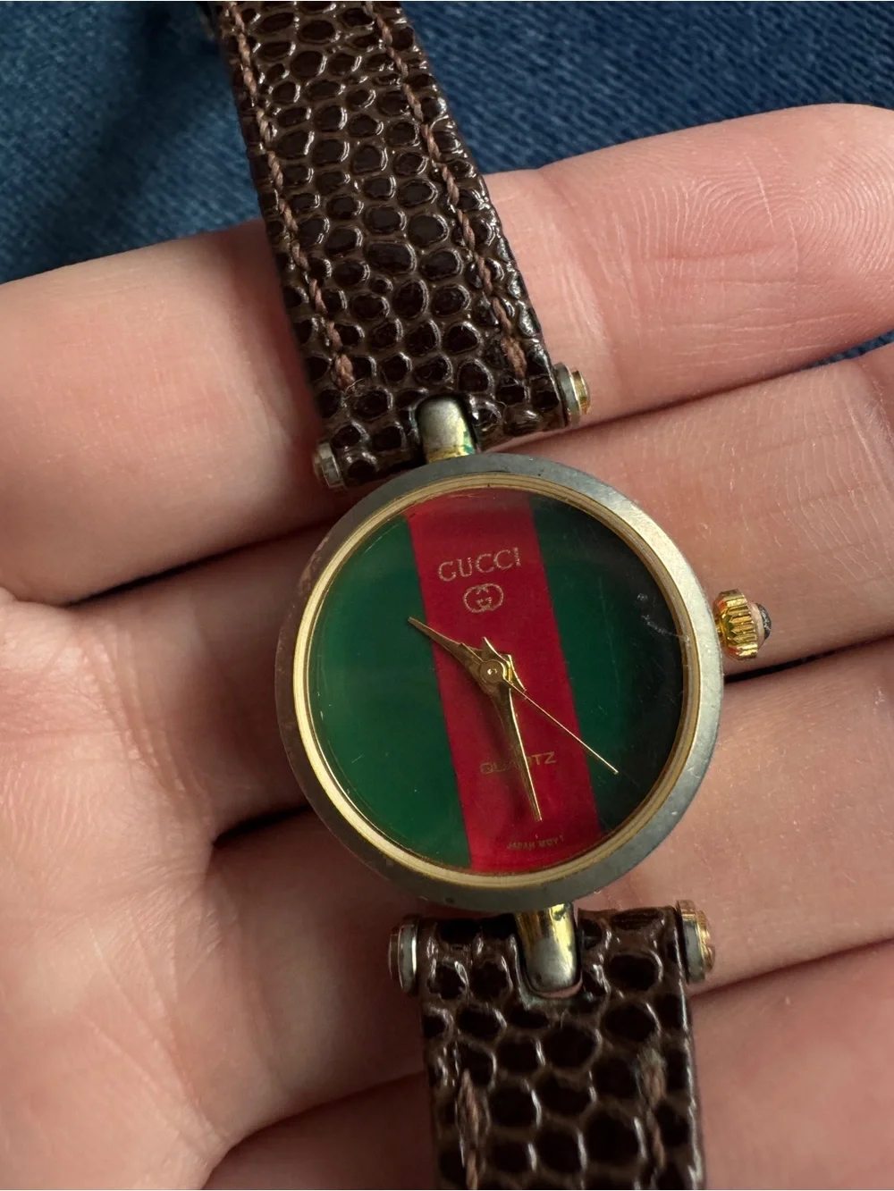 Vintage‎ Gucci 1980’s Two Toned Wristwatch Brown Lizard Strap .