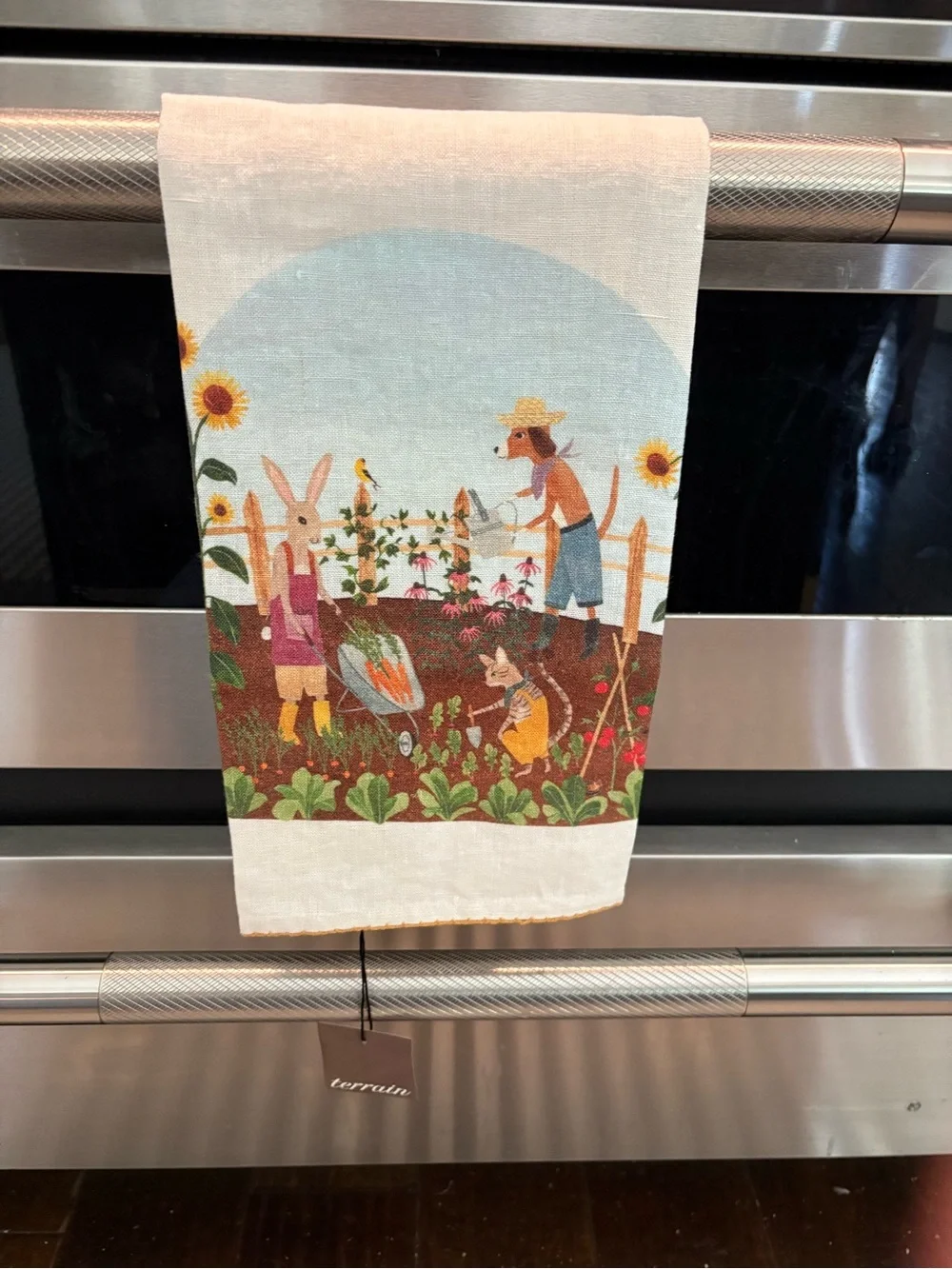 Terrain Linen Farmyard Garden Tea Towel - Bunny & Dog Harvest Scene