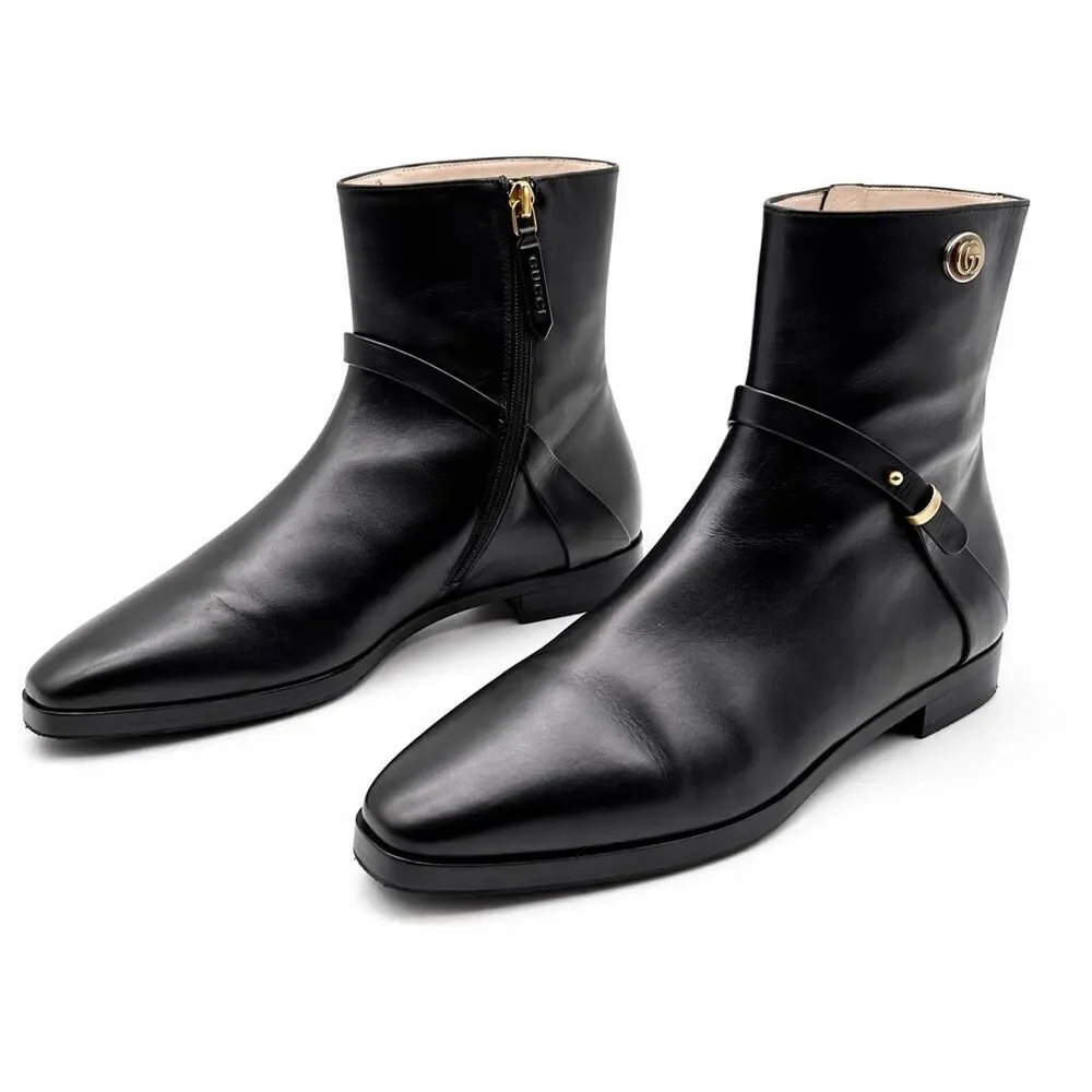 GUCCI Elite GG Ankle Boots Size 38.5 US 8.5 Black Leather Harness Low Heel Calf