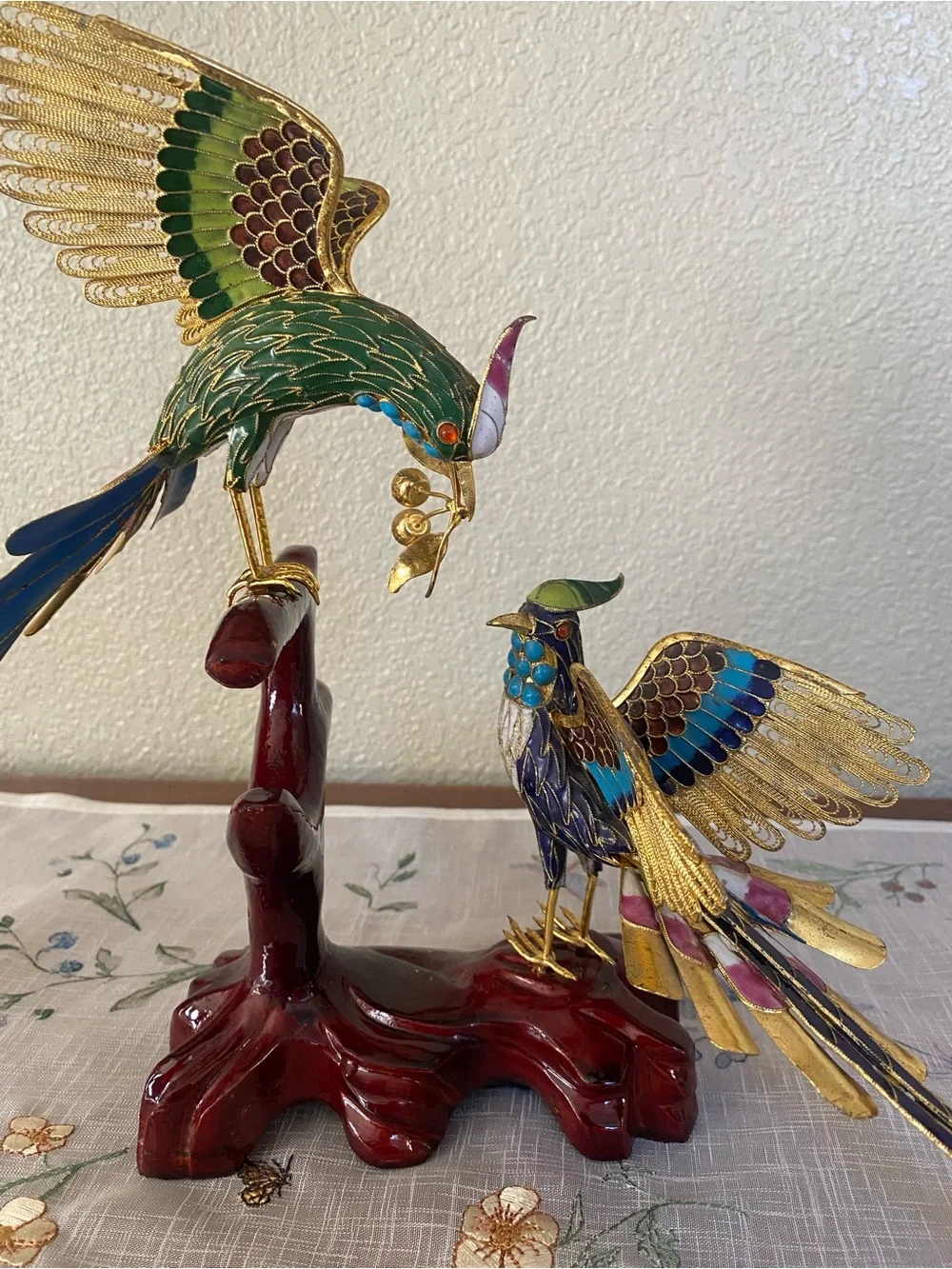 Vtg Cloissonne Multicolor W/ Gold Accent Filigree Birds Sculpture. Handcrafted