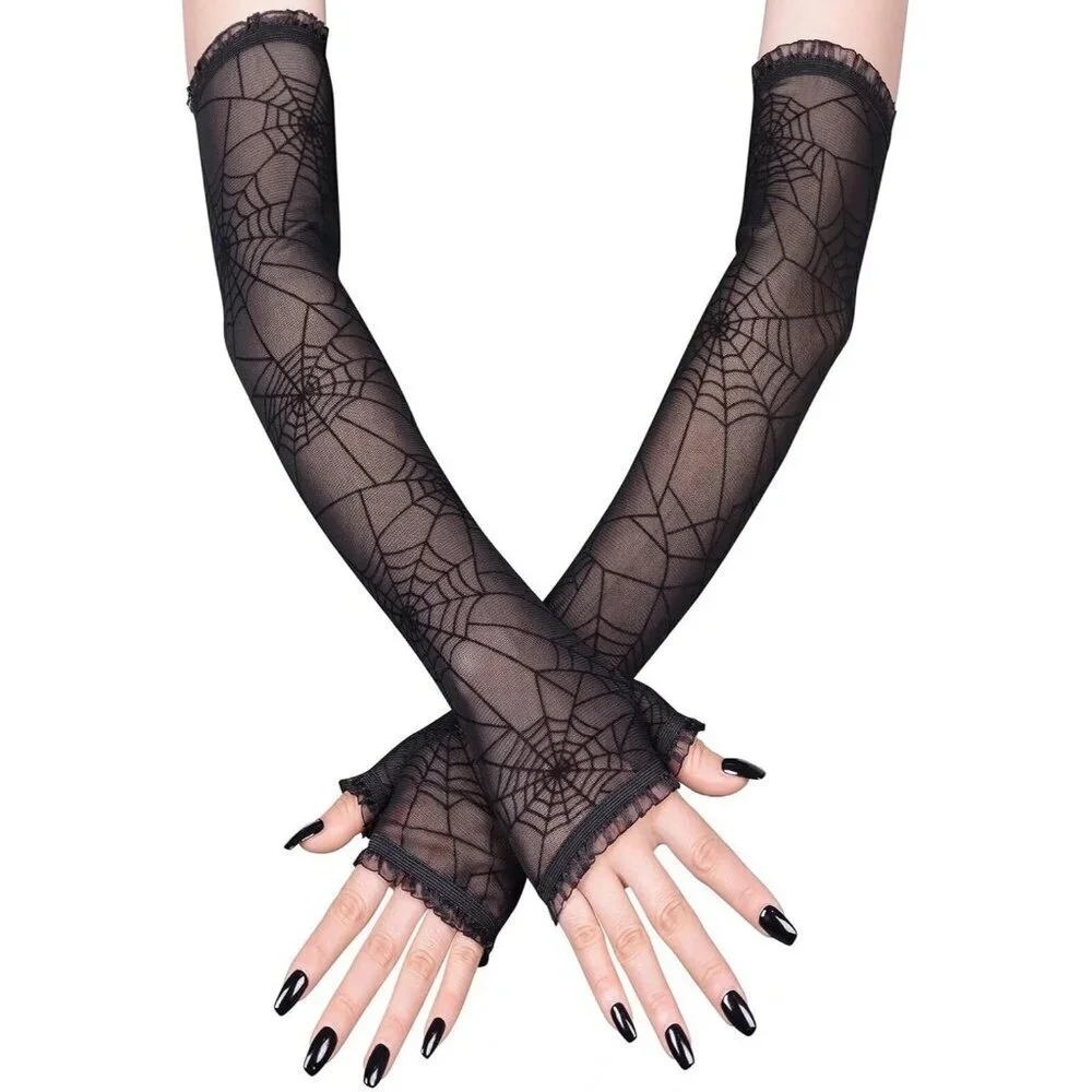 Women's Halloween Black 4 Dress Fingerless Spider Gothic Playing Lace Gloves