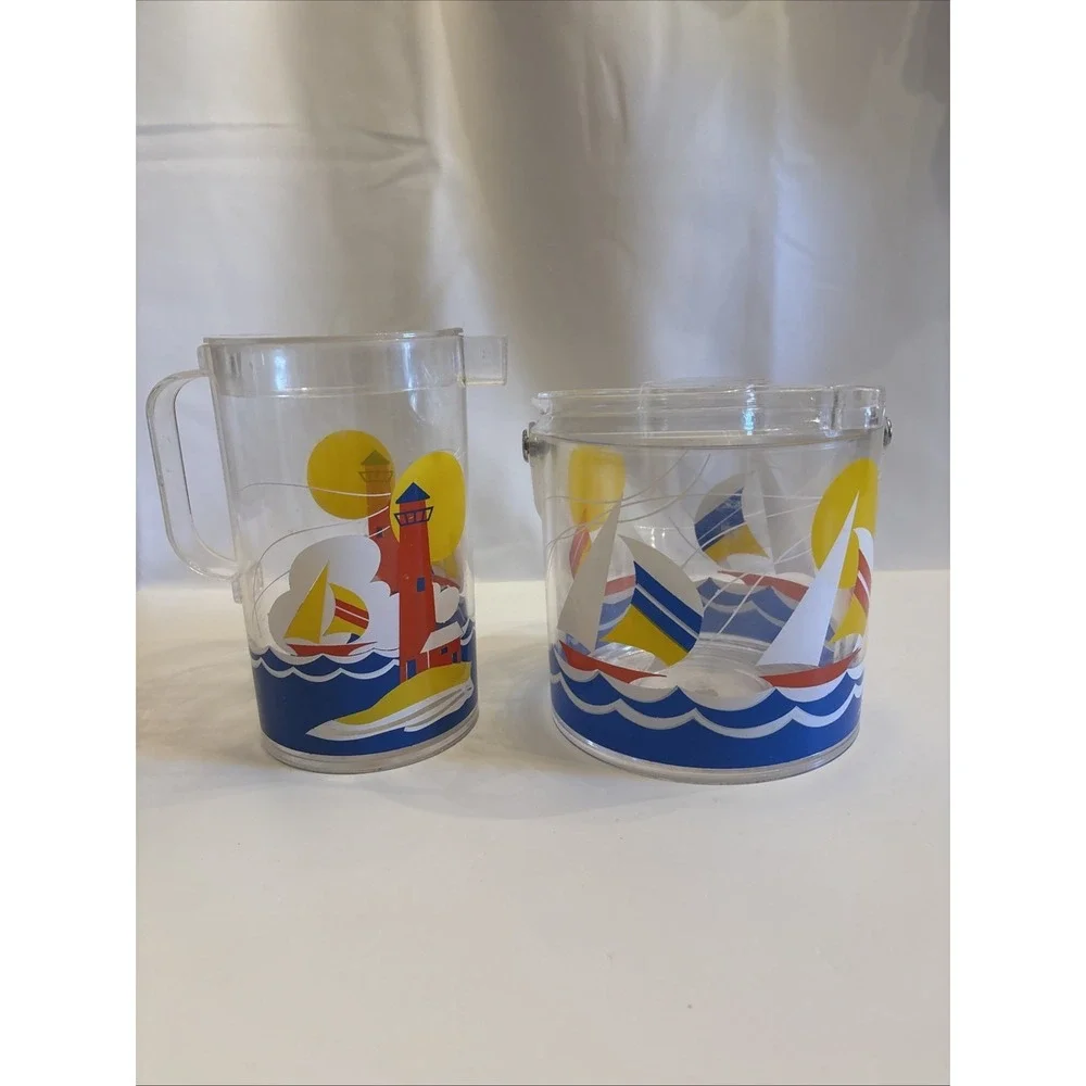 VTG 1990's Wellington‎ SailBoat & Lighthouse Acrylic Pitcher/IceBucket Tongs