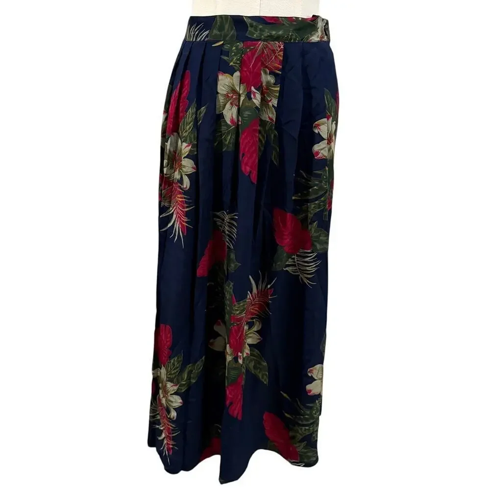 Vintage Alfred Dunner Silk Dark Navy Blue Tropical Floral Midi Skirt Size 12