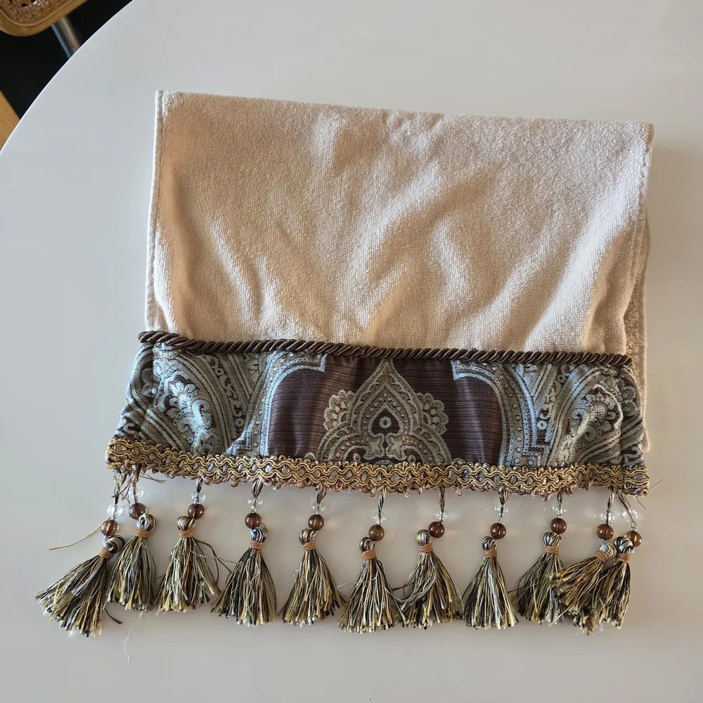 Vintage 2000s Tuscan Dream House Towel Cream and Brown Hand Towel Beaded Tassels