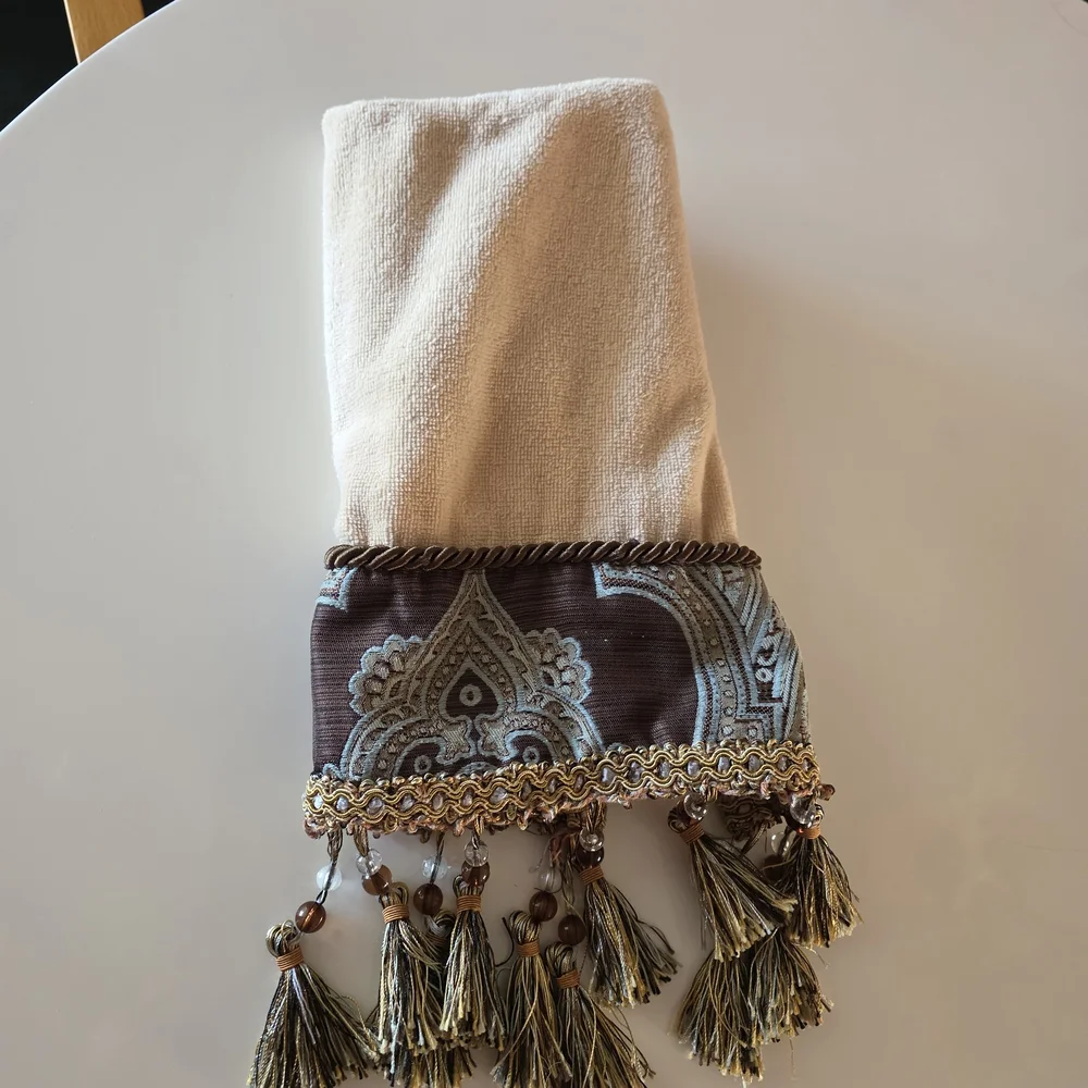 Vintage 2000s Tuscan Dream House Towel Cream and Brown Hand Towel Beaded Tassels