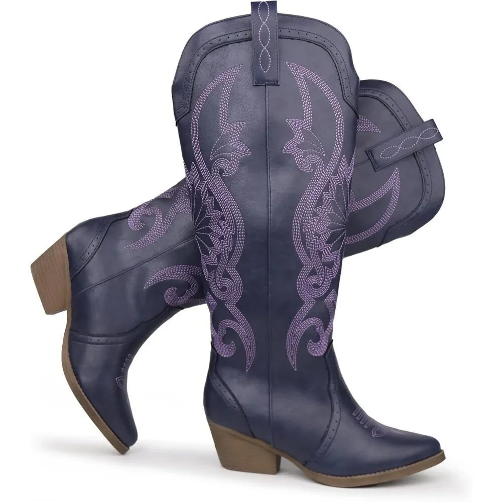 Women's Purple Faux Leather Pointed Toe and Block Heel Classic Embroidered Boot